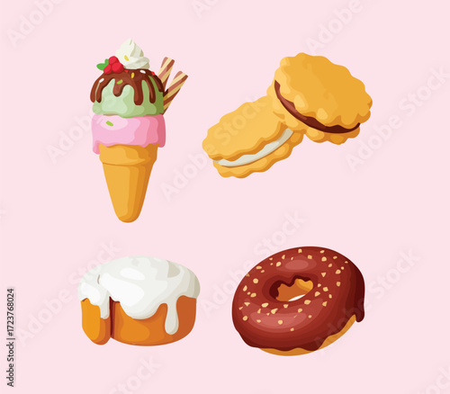 3d dessert. Bakery shop sweets, pastries and cakes. Realistic ice cream, pie and cookies. Chocolate and cupcake, donut, pithy vector clipart