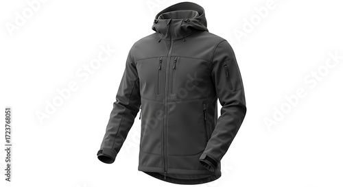 Mountain softshell jacket mockup, modern cut, hooded, isolated on clean white background