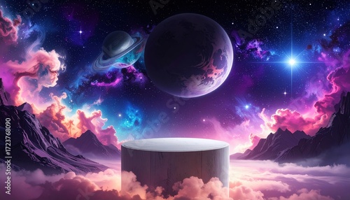 Cosmic Landscape with Stone Platform and Planets