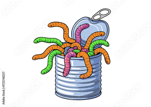 Cartoon Illustration of Colorful Worms Emerging from a Can.