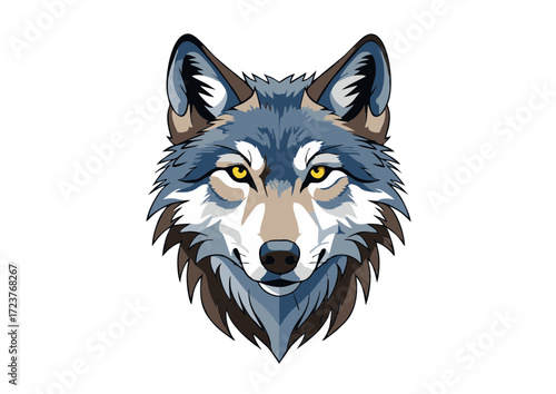 Stylized Wolf Head Illustration with Blue and Brown Fur and Yellow Eyes.