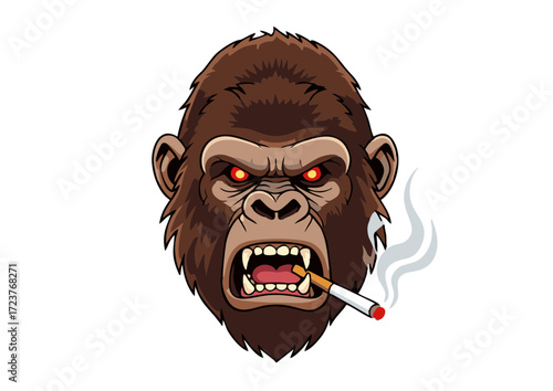 Angry Gorilla Head with Glowing Red Eyes Smoking a Cigarette.