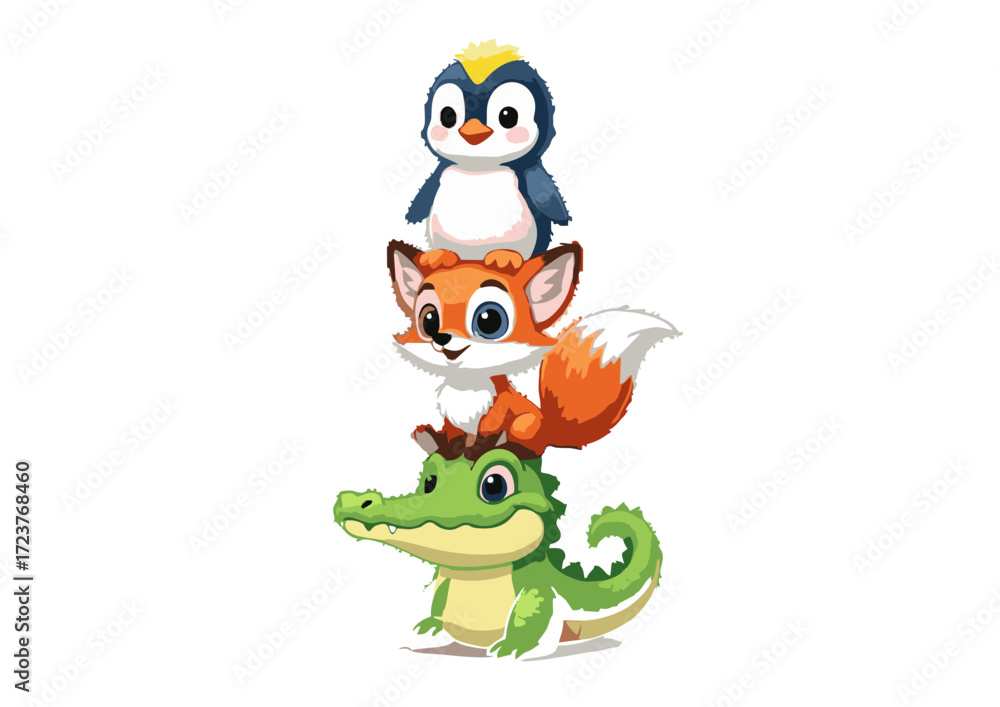 Fototapeta premium Stacked Cartoon Animals: Penguin Fox and Alligator Illustration.