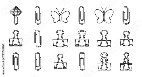 Collection of stationery icons binder clips paper clips and butterfly shapes simple line art design vector