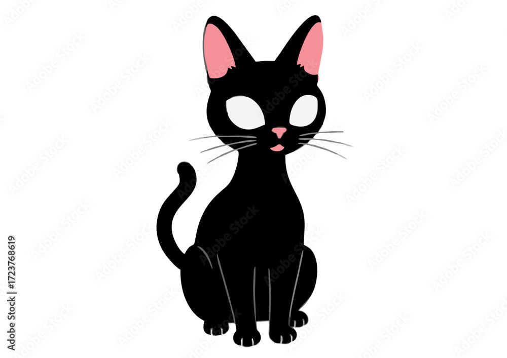 Fototapeta premium Adorable Cartoon Black Cat with Pink Ears Sitting Tongue Out.