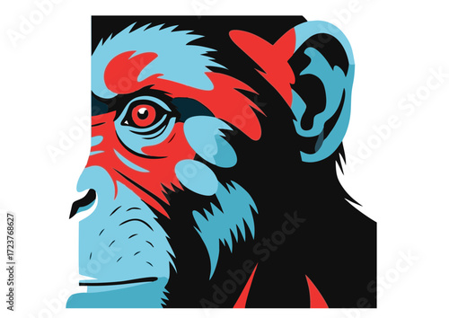 Stylized Chimpanzee Portrait with Red and Blue Accents on Black Background.