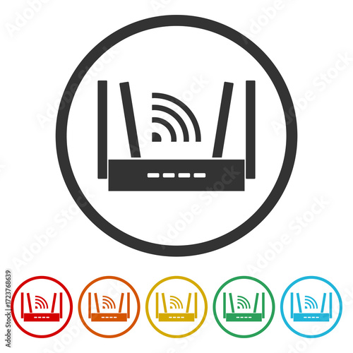 WiFi wireless router, internet connection icon. Set icons in color circle buttons