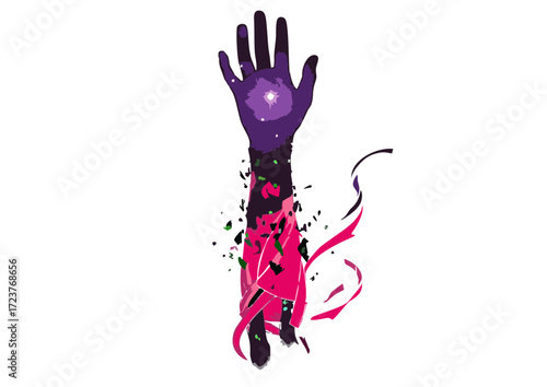 Abstract Digital Illustration of a Reaching Hand with Cosmic Elements.