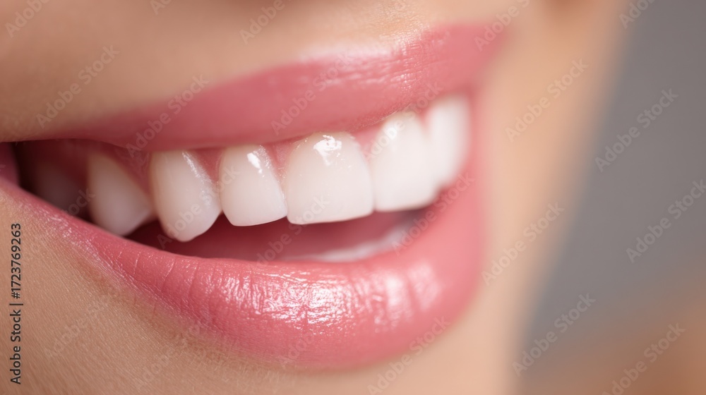 Obraz premium Radiant Smile: Close-up of Perfect White Teeth and Glossy Lips for Dental and Beauty Concepts