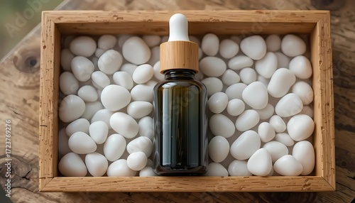 Organic Essential Oil Dropper Bottle: Natural Skincare and Aromatherapy in an Amber Glass Bottle with a Bamboo Cap, showcased on white pebbles.