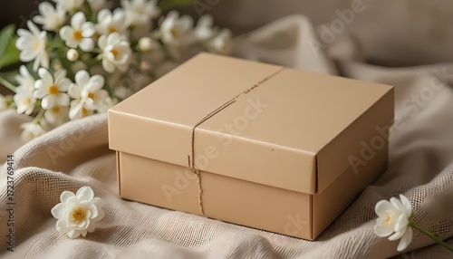 Simple Kraft-Style Gift Box Mockup Tied with String, Resting on Draped Silk with White Flowers. Elegant and Minimalist Packaging Concept for Retail Products, Jewelry, Candles, or Luxury E-commerce 