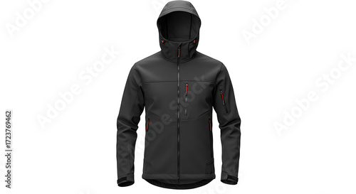 Mountain softshell jacket mockup, modern cut, hooded, isolated on clean white background