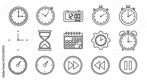 Collection of hand drawn time icons clocks hourglass calendar gears and playback controls in outline style vector