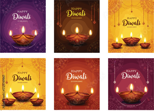 Happy Diwali festival celebration with colorful rangoli design, glowing traditional oil lamps, bright festive background, cultural decoration, Hindu festival of lights illustration