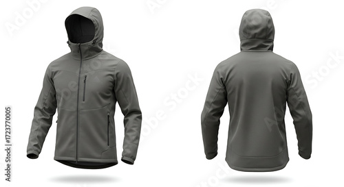 Mountain softshell jacket mockup, modern cut, hooded, isolated on clean white background