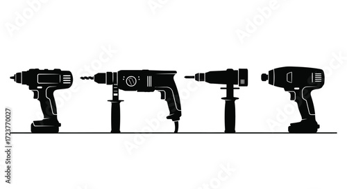 Four power drills lined up silhouettes showing different types of cordless and corded tools vector