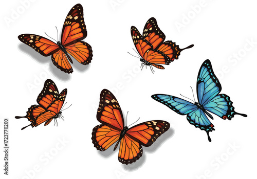 A captivating cluster of butterflies, showcasing vibrant orange monarchs and a striking blue swallowtail, isolated on white background, creating a whimsical scene