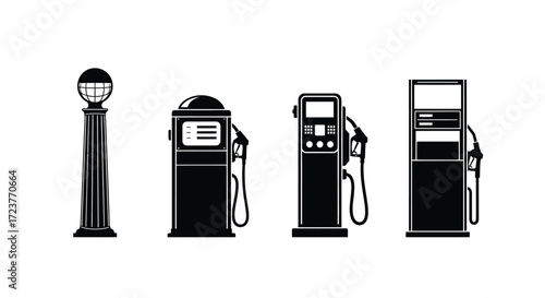 Retro and modern gas pumps collection set icons silhouettes for automotive and fuel industry vector