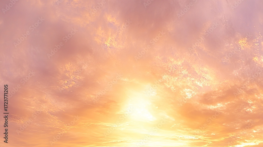 Fototapeta premium peace. A breathtaking sunset sky panorama with vibrant warm hues and glowing clouds. inspiring travel planning, travel magazines, designed for travel destination branding, inspires travel planning.