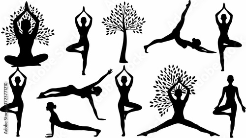 Find Inner Peace Practicing Yoga Poses and Tree Pose in this Silhouette Collection, Achieve Balance and Harmony with Mindful Fitness and Calm Meditation