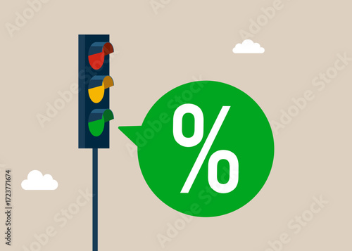 Green light with percentage sign on traffic light. Discount, promo action. Market share percentage of industry sale, battle to gain more sale. Vector flat illustration