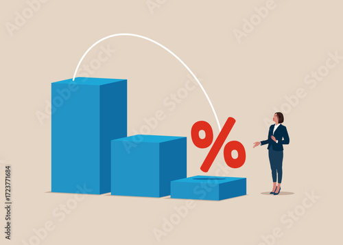 Percent sign jumped from the top of the chart to the on bottom diagram. Cut interest rate. Reduced interest, financial and mortgage rates. Market downturn. Vector flat illustration
