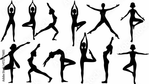Graceful yoga silhouettes performing diverse poses for wellness promotion, perfect for fitness blogs and health campaigns, emphasizing flexibility and balance