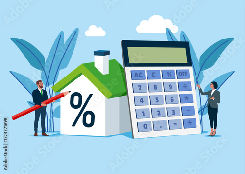 Business people with property interest rate, finance loan increase. House mortgage calculation. Real estate investment or home refinance money. Vector flat illustration