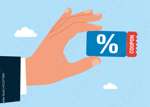 Hand holds coupon promotion sale. Lucky ticket, special offer promo. Special price offers. Vector flat illustration 