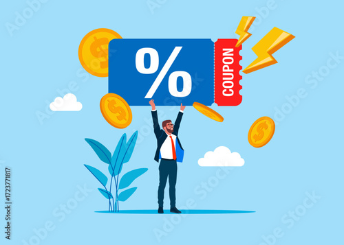 Businessman holds coupon promotion sale. Lucky ticket, special offer promo. Special price offers. Sales with an excellent offer for shopping online. Vector flat illustration 