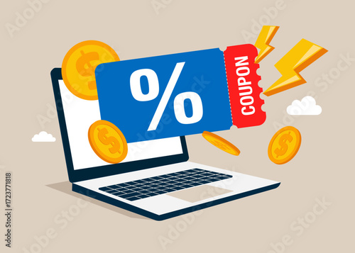 Shopping online. Discount coupon in laptop. Lucky ticket. Special price offers. Vector flat illustration 