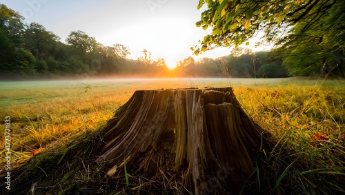 Sunrise over misty meadow with tree stump landscape photography nature scene outdoors scenic view