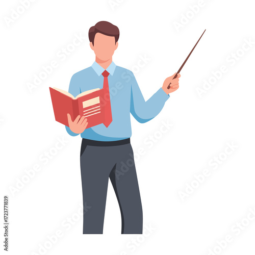 Flat Style Detailed Man Teacher Holding Book and Pointer Illustration