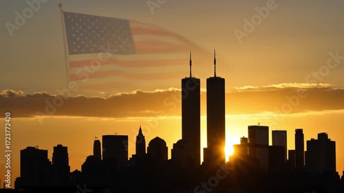 American flag waving near New York skyline