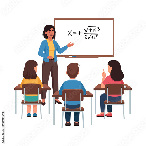 Cartoon Style Detailed Classroom Scene with Teacher and Students Illustration