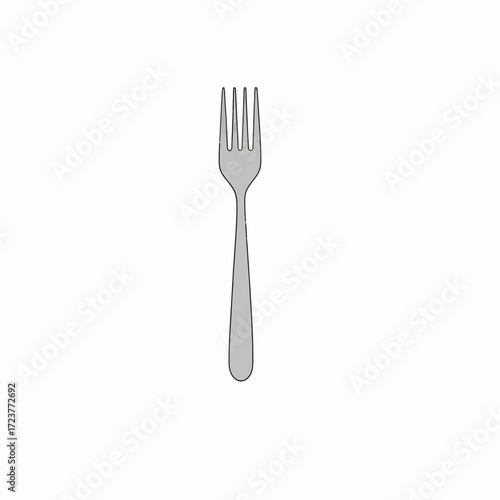 A simple, clean illustration of a metallic dinner fork with four tines, presented against a stark white background.