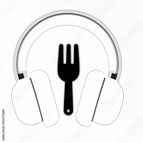 Headphones and a fork symbolize a podcast about food.