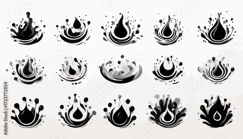 Collection of fifteen stylized black water droplet splash illustrations on a white background, showcasing varied shapes and dynamic movement.