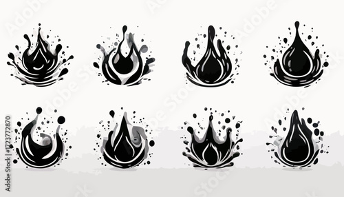 Eight stylized black ink splashes and droplets arranged in two rows on a white background, creating an abstract and dynamic design.