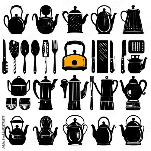 Silhouette collection of various kitchen utensils and teapots.