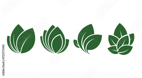 Set of four green leafy plant icons abstract botanical shapes for nature and growth concepts vector