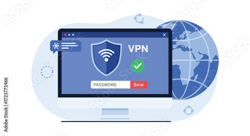 Illustration of a secure VPN connection on a laptop, ensuring online privacy and data protection with a globe symbolizing worldwide access.