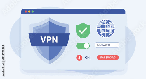 A digital interface displaying a VPN application with a shield icon, global network, security checkmark, and password input fields for online privacy and protection.