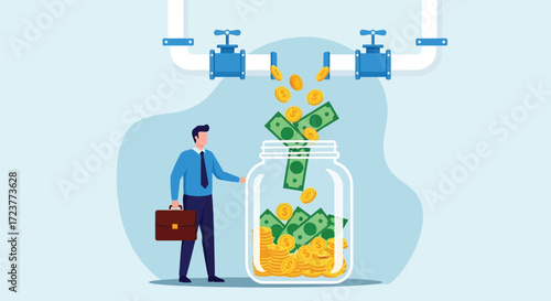 Businessman watches money flow into a jar.