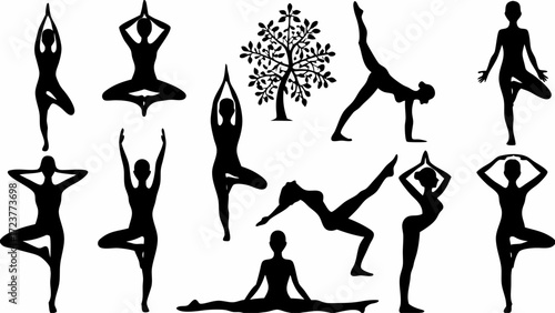 Dynamic yoga poses and a serene tree silhouette capture the essence of mindful movement and natural balance for a healthy lifestyle.