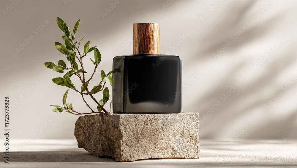 Naklejka premium Black perfume bottle on stone pedestal, natural light