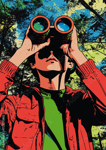 Young boy exploring nature with binoculars in colorful forest  