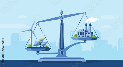 Renewable energy vs. fossil fuels on a balance scale.