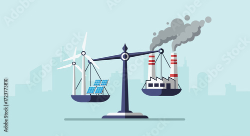 Renewable energy vs. fossil fuels on a balance scale.