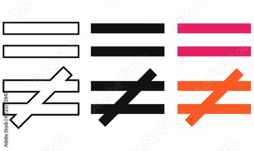 Vector set of equal sign and not equal sign math symbols in outline, silhouette, and colorful style. Education, mathematics, logic, and science icon for learning and infographic design.